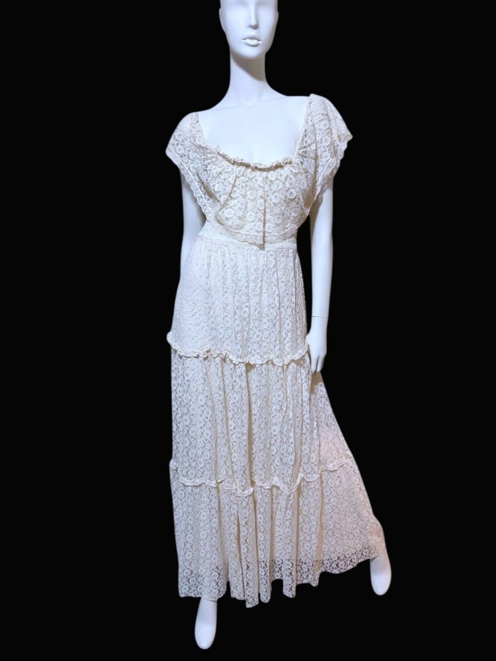VTG 70s Candi Jones Lace Maxi Dress XS Smocked Prairie Boho Costume Ren Faire
